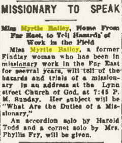 Climbing My Family Tree: ”Missionary to Speak”, Findlay Republican Courier, 17 April 1937,  p10