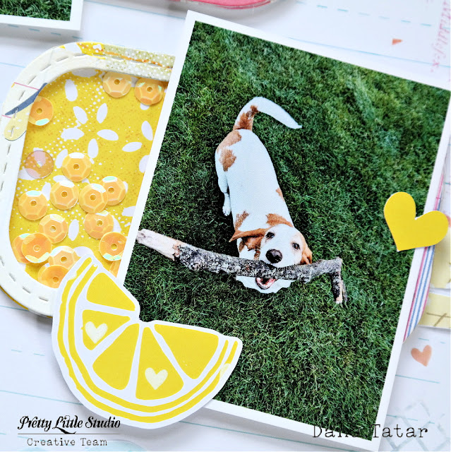 Dana Tatar uses the Sunkissed collection from Pretty Little Studio to create an adorably colorful scrapbook layout featuring her basset hound Peach.