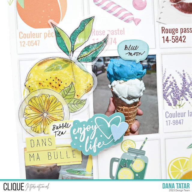 Grid-style beach vacation scrapbook layout embellished with vellum and cardstock die-cuts from the colorful Les Ateliers de Karine Rainbow collection.