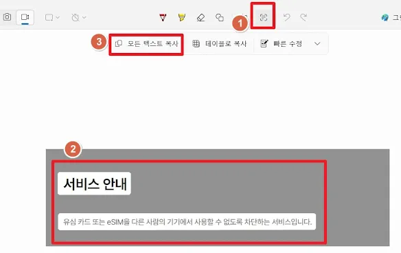캡처도구로 모든 텍스트 복사하는 방법