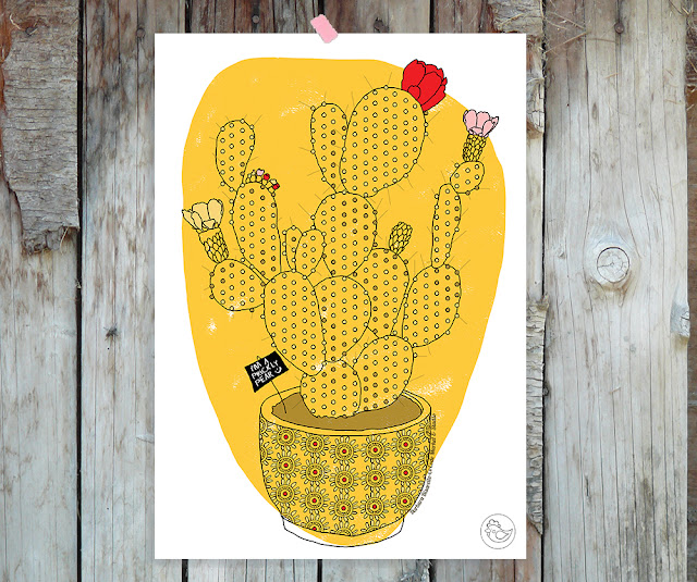 Printable Cactus drowing illustration. Digital folk illustration a succulent plant, the prickly pear, inside his pot by Barbara Bisarello on CoCode Market & Studio