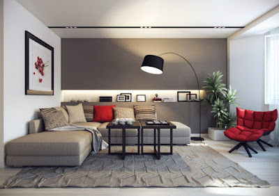 Gray L-shaped living room with sectional and a pair of black coffee table for furniture