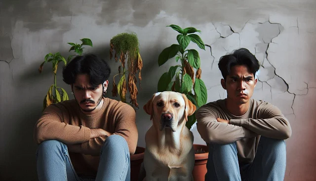 Deux hommes assis à côté d'un chien Labrador, tous les trois ont l'air sérieux. Ils sont entourés de plantes fanées et le mur derrière eux est fissuré