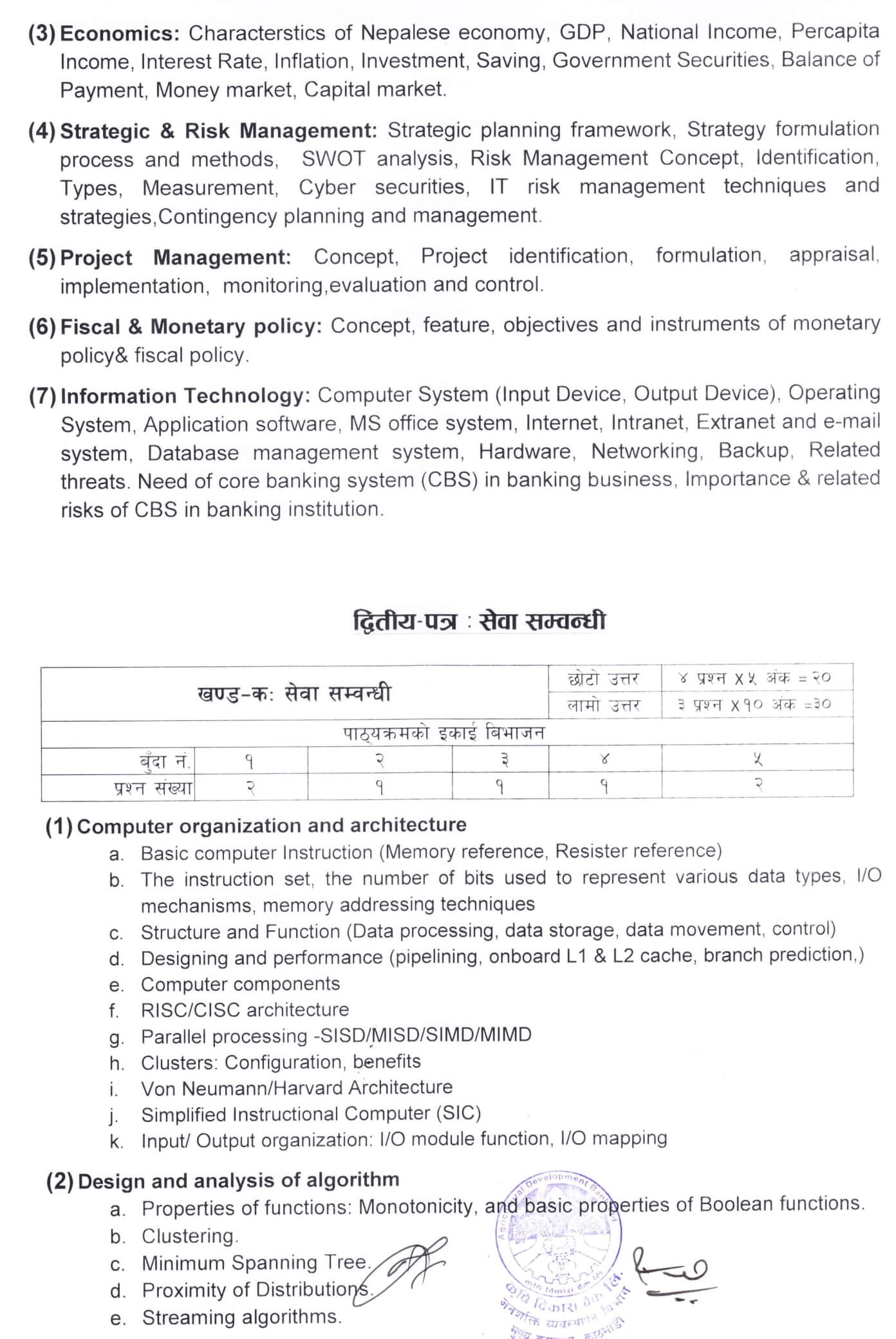 Syllabus of Agricultural Development Bank Level 6 Computer Operator