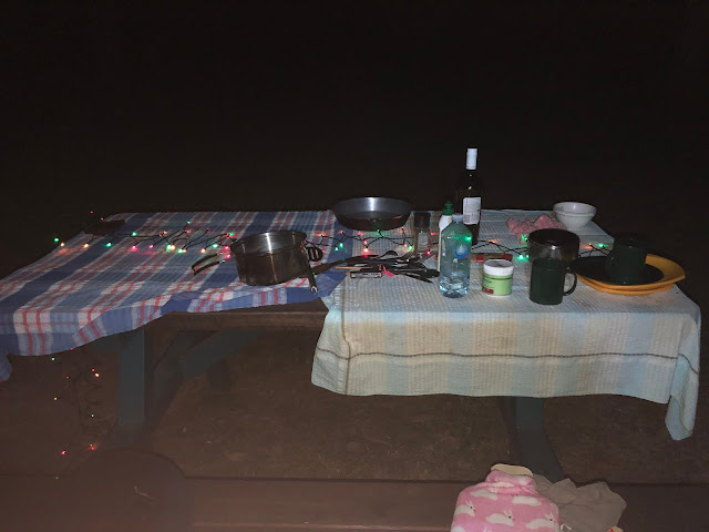 Picnic table with party lights and assorted implements