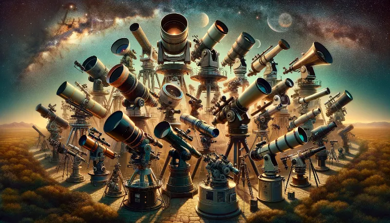 La imagen panorámica muestra una colección diversa de telescopios, abarcando desde modelos avanzados utilizados en la ciencia hasta aquellos diseñados para los entusiastas de la astronomía amateur. Se destacan tanto telescopios reflectores con sus grandes espejos, como refractores con lentes prominentes, montados sobre estructuras robustas que apuntan hacia el cielo estrellado. La disposición de los telescopios ilustra la variedad de diseños y tamaños, desde equipos compactos perfectos para principiantes hasta imponentes instalaciones de observatorios profesionales. El escenario sugiere un ambiente dedicado a la observación astronómica, ya sea en un sitio remoto de montaña para los telescopios profesionales o en un jardín doméstico para un observador amateur, ambos bajo el vasto manto del cielo nocturno, subrayando la pasión compartida por explorar los misterios del cosmos.