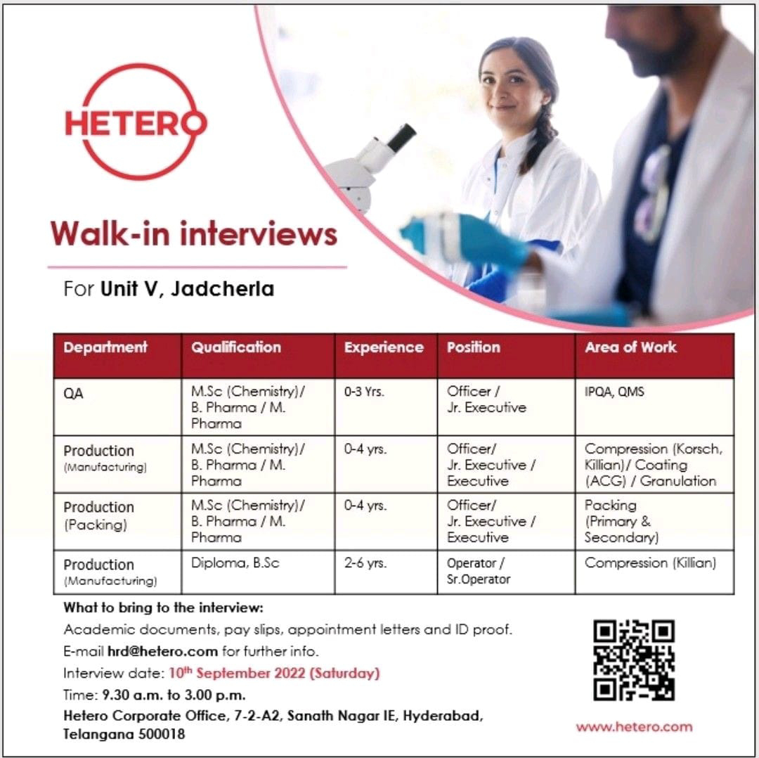 Job Available's for Hetero Walk-In Interview for Fresher's & Experienced in QA/ Production Department