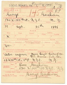 World War I Draft Registration Card of George Gerswhin