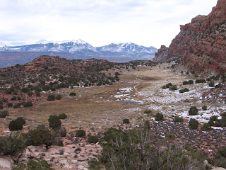 The Hidden Valley trail, with the La Sal Mountains in the distance