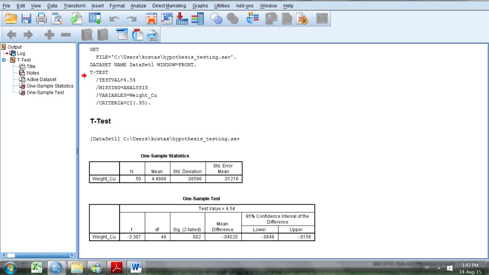 Fig. I.8: The t-test output using SPSS 20. The test variable is Weight_Cu and the test value 4.54 (CRM’s mean value in Cu). The output shows that the null hypothesis must be rejected since the p-value =0.002 is lower than 0.05