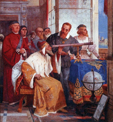 Galileo enseña el funcionamiento del telescopio al dux de Venecia. Fresco de Giuseppe Bertini (1825-1898) Villa Ponti, Varese, Italia