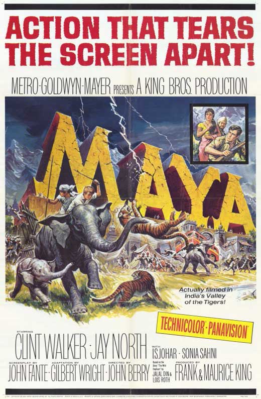 Poster for the film 'Maya' with the title in giant 'stone' letters, getting hit by lightning, as various animals stampede / 'Action That Tears the Screen Apart!'