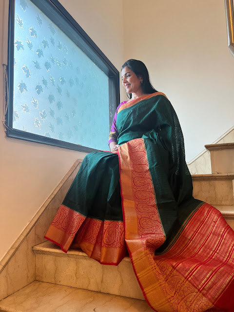 Emerald green and red Chanderi silk saree