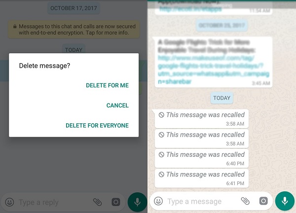 حذف رسالة واتساب بعد حذفها