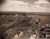 photo: aerial of Toronto waterfront railway trackage in early 1950s