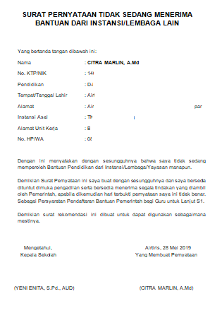 Contoh Surat Pernyataan Tidak Sedang Memperoleh Bantuan dari Instansi/Lembaga Lain