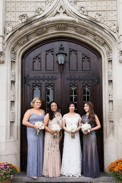 bridesmaids at Grosse Point Academy in front of doors