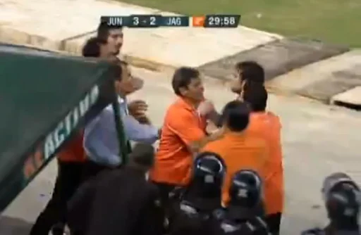 Jaguares goalkeeper Jorge Villalpando confronts his own coach after being substituted