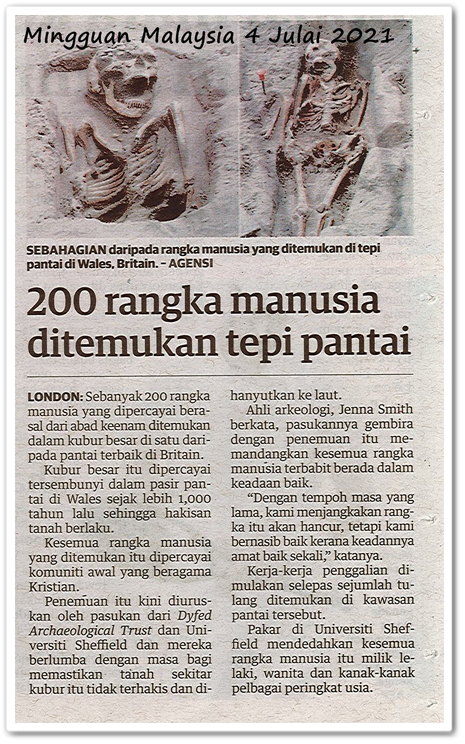 200 rangka manusia ditemukan tepi pantai - Keratan akhbar Mingguan Malaysia 4 Julai 2021