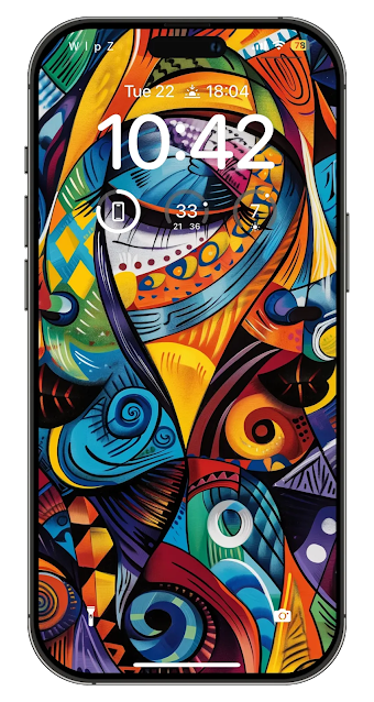 A vibrant abstract mural with a human face, composed of vivid colors and geometric shapes.