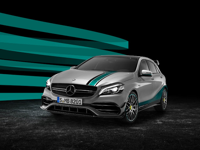 The Mercedes-AMG A 45 4MATIC Champions Edition is in the colors of the Mercedes F1 racing cars.