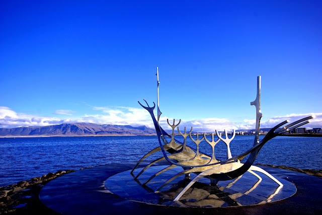 Reykjavik, harbour, Iceland, sky, sea, mountain, cloud, sculpture, reflection, mount Esja, Faxafloi