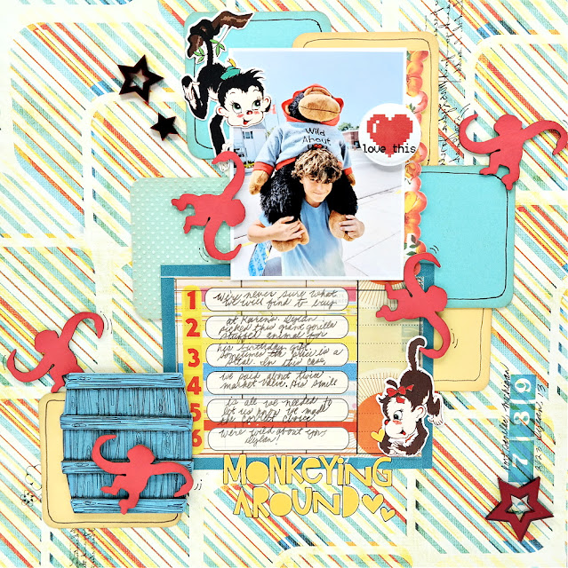 Whimsical Monkeying Around Teen Boy Scrapbook Layout with Barrel of Monkeys Chipboard Set and Red Acrylic Stars