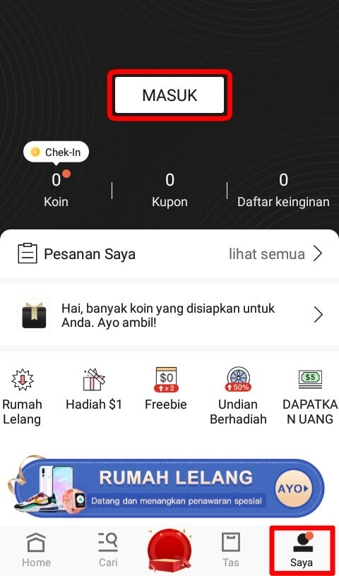 pilih menu "Saya" dan pilih "Masuk" kemudian mendaftar atau membuat akun menggunakan Email atau Login menggunakan akun Google/Facebook.