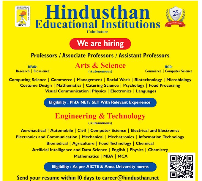 Hindusthan Coimbatore Biotech/Microbiology Faculty Jobs