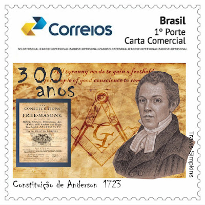 Brazil. 300 Years of Anderson's Constitutions of 1723. Postage Stamp. Portrait by Travis Simpkins
