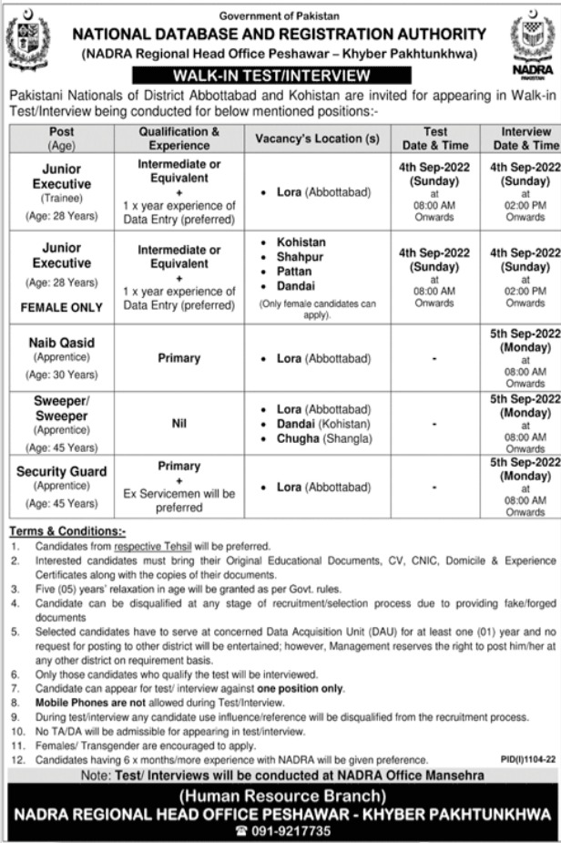 Latest Nadra Kpk Jobs 2022