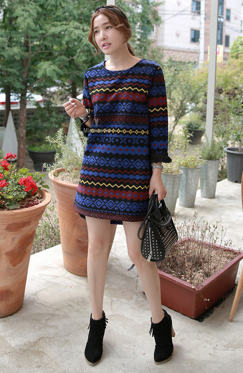 Fringed Ethnic Print Dress