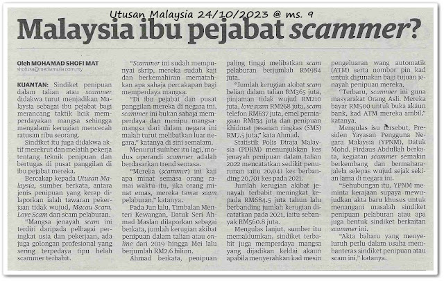 Malaysia ibu pejabat scammer? - Keratan akhbar Utusan Malaysia 24 Oktober 2023