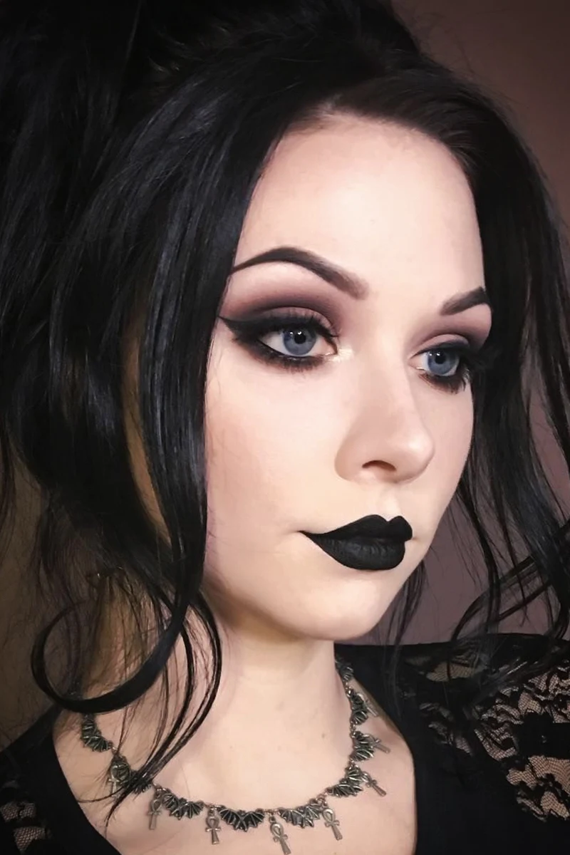 goth woman with Coffee Brown Smoky Eye with Black Lips makeup look