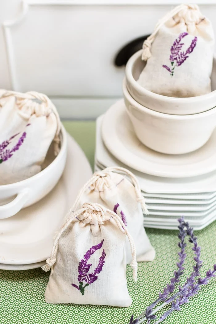 Purple lavender stamped on muslin bags, lavender sachets, ironstone