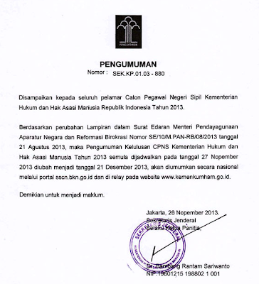 Pengumuman Hasil Akhir Tes CPNS Kemenkumham Desember 2013