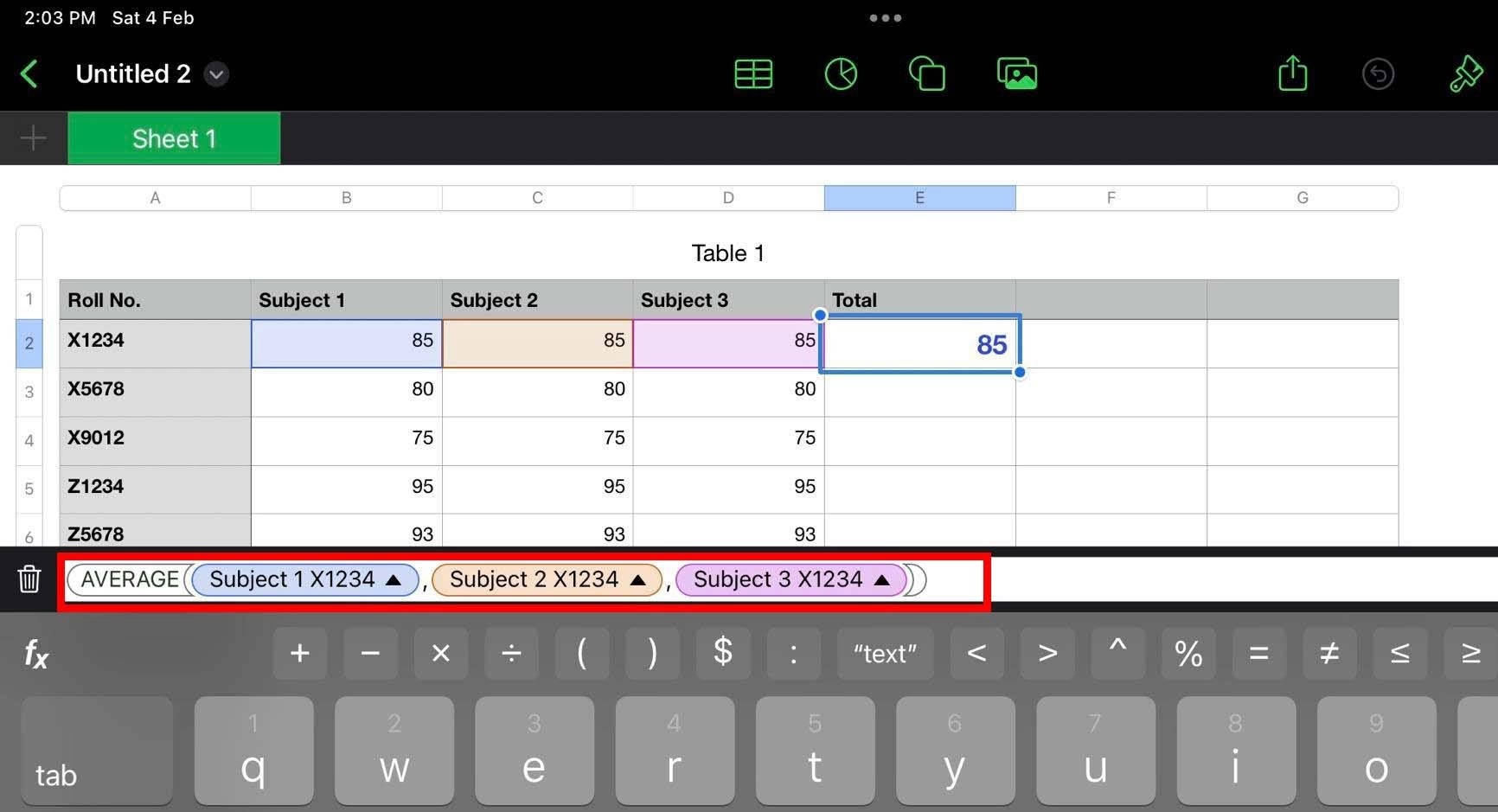 Memasukkan rumus di Numbers iPad