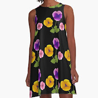Dress with three pansies on black background