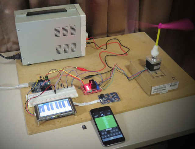 Picture showing the complete setup of the Nextion Enhanced Stepper motor piano project (arduinobasics.blogspot.com)