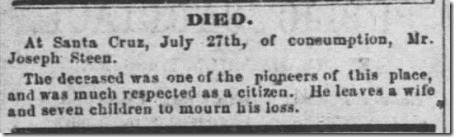 Joseph Steen Obituary Santa Cruz Weekly Sentinel 4 Aug 1866 Sat Page 2