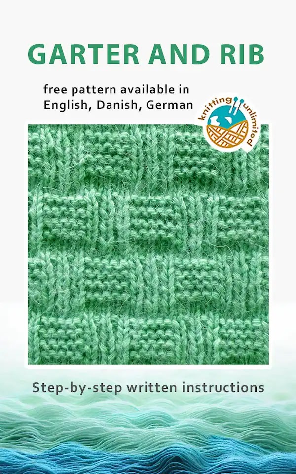 Garter and Rib stitch pattern is offered in three languages - English, Danish, and German - and all versions are available for free.