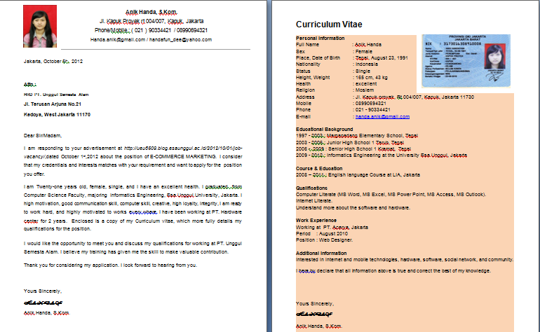 Contoh Application Letter & Curriculum Vitae  My life My 