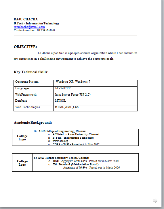 Download B Tech Freshers Resume Format in Word