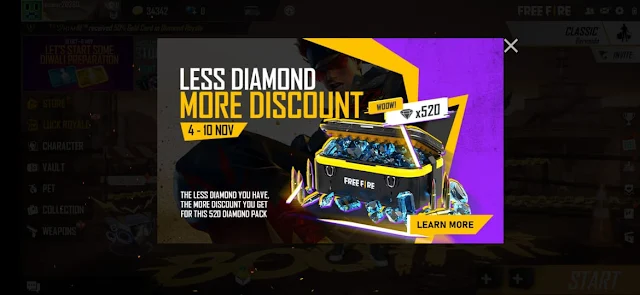 Free Fire Special offer Less Diamond More Discount from 4th November