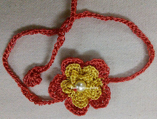 free crochet pattern, free crochet motif pattern, free crochet flower motif pattern, free crochet two layered flower motif pattern, front post single crochet stitch, rakhi pattern, crochet rakhi pattern, kankri yarn, kamal kadai yarn, polyester silk yarn,