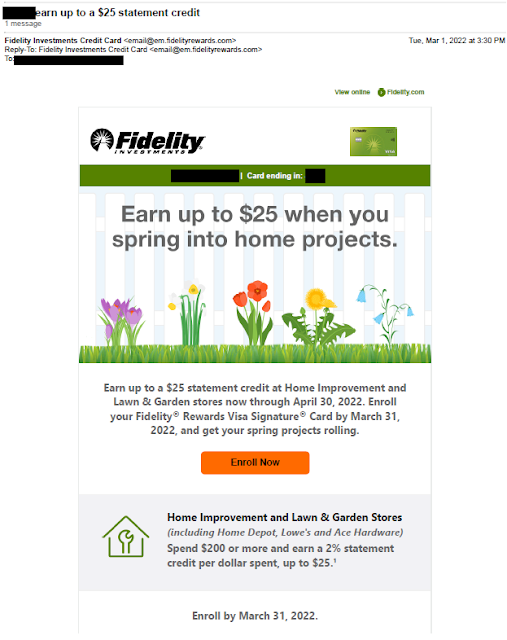 Fidelity Rewards email with Home Improvement Offer