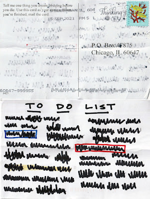 Dreams of a City postcard #6425 front and back, NE. corner of Franklin & Chicago, Thursday morning, 2 September 2021, filled out by Chicago artist Jason Pickleman for Jenny Lam's long-running city-wide interactive public art and mapping project