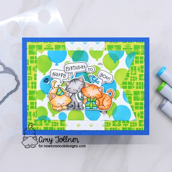 Amy's birthday card features Newton's Birthday Trio, Bokeh Balloons, A Cat's Life, and Birthday Party by Newton's Nook Designs; #inkypaws, #newtonsnook, #birthdaycard, #catcard, #cardchallenge, #cardmaking