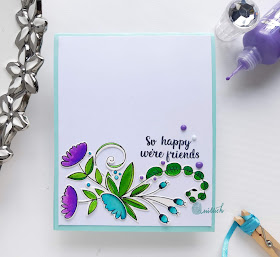 Uniko Ltd, floral card, die cutting, Diecut, quillish, zig, Zig clean colour brush pens, Card for her, CAS, CAS card, cards by Ishani,  quillish, uniko originally organic stamp