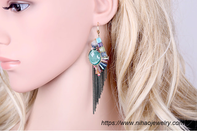 Occident bohemia handmade Crystal Gemstone tassel earrings 